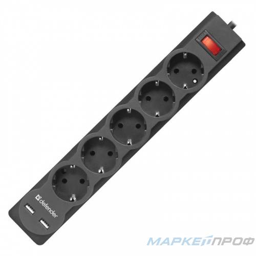 Сетевой фильтр Defender DFS755, 5M, 5 розеток, 2xUSB, 2.1A